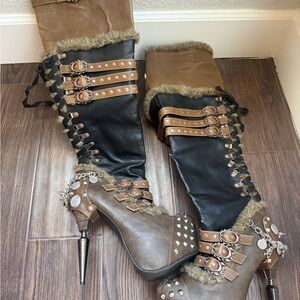 Hades designer Ventail thigh-high boots with metal spikes and faux fur trim.